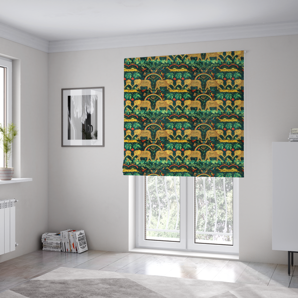 The fabric used to create these Roman blinds is a fabric with large elephants patterned with leopard-like spots facing one another.