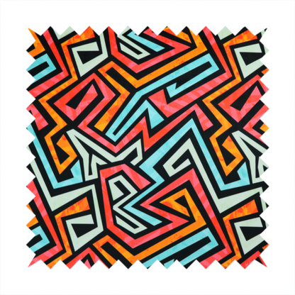 A bold, abstract geometric pattern with a vibrant, interlocking maze-like design.