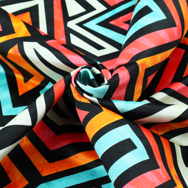 A bold, abstract geometric pattern with a vibrant, interlocking maze-like design.