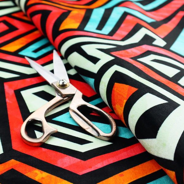 A bold, abstract geometric pattern with a vibrant, interlocking maze-like design.