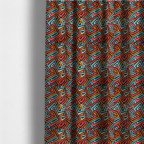 The fabric used to create these made-to-measure curtains is a bold, abstract geometric pattern with a vibrant, interlocking maze-like design.