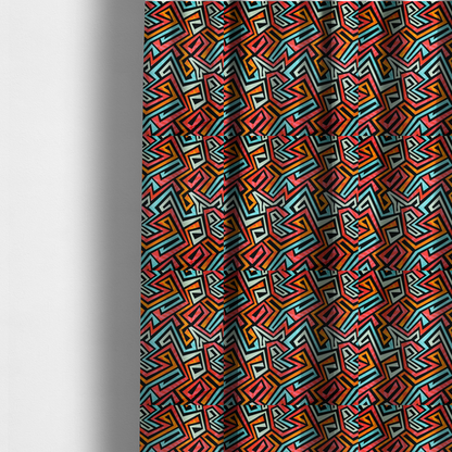 The fabric used to create these made-to-measure curtains is a bold, abstract geometric pattern with a vibrant, interlocking maze-like design.
