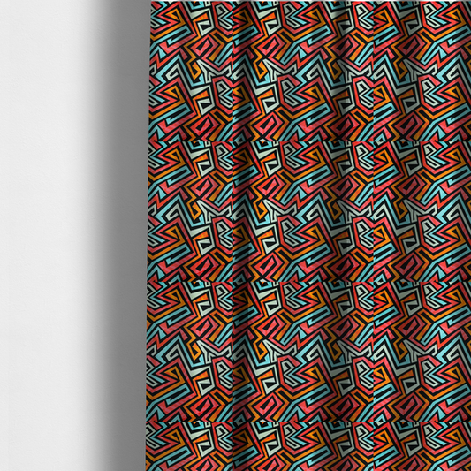 The fabric used to create these made-to-measure curtains is a bold, abstract geometric pattern with a vibrant, interlocking maze-like design.