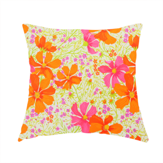 The fabric used to create this handmade cushion features a dense, vibrant botanical and floral pattern with a retro, meadow-like feel.