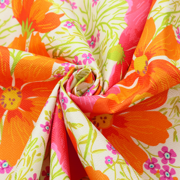 This fabric features a dense, vibrant botanical and floral pattern with a retro, meadow-like feel.