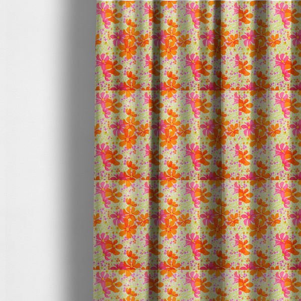 The fabric used to create these made-to-measure curtains features a dense, vibrant botanical and floral pattern with a retro, meadow-like feel.