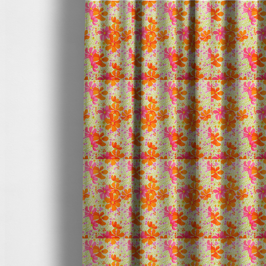 The fabric used to create these made-to-measure curtains features a dense, vibrant botanical and floral pattern with a retro, meadow-like feel.