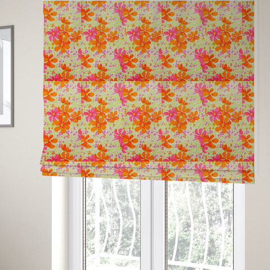 The fabric used to create these Roman blinds features a dense, vibrant botanical and floral pattern with a retro, meadow-like feel.