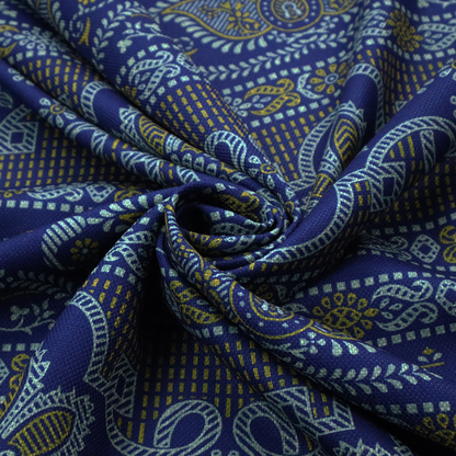 Intricate royal blue and yellow fabric featuring traditional ornate damask and paisley motifs arranged in horizontal decorative bands.