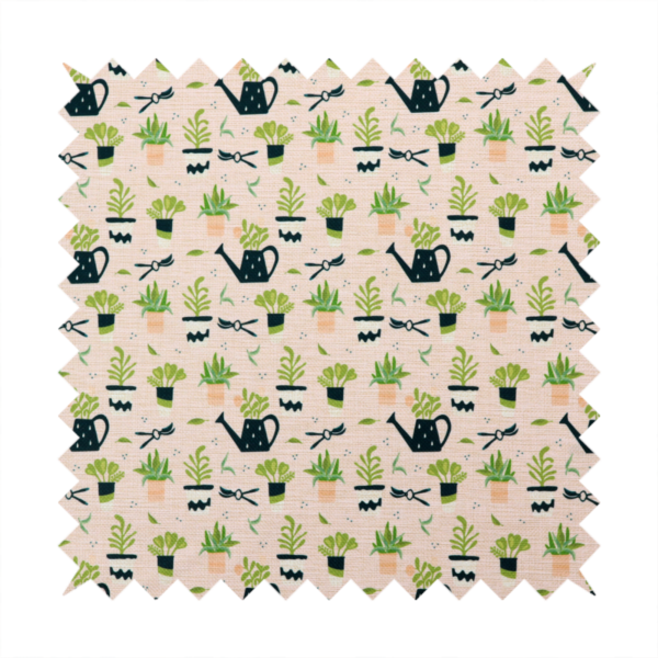 Charming botanical pattern featuring potted plants, watering cans, and gardening tools on a soft neutral background.