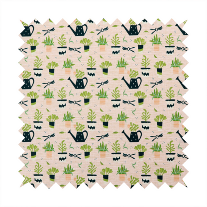 Charming botanical pattern featuring potted plants, watering cans, and gardening tools on a soft neutral background.