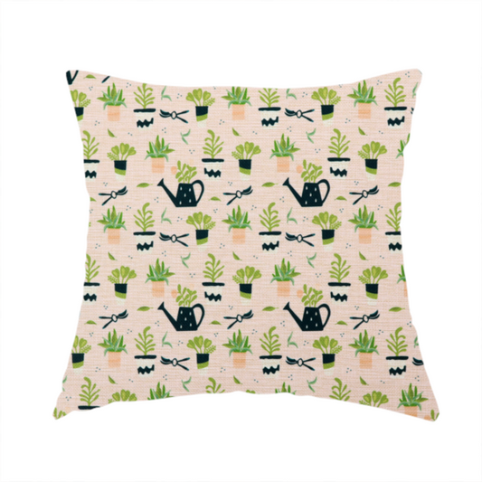 The fabric used to create this handmade cushion is a charming botanical pattern featuring potted plants, watering cans, and gardening tools on a soft neutral background.
