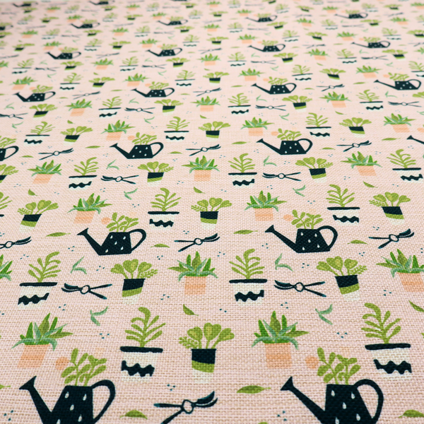 Charming botanical pattern featuring potted plants, watering cans, and gardening tools on a soft neutral background.