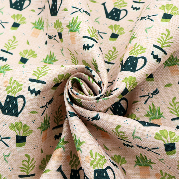 Charming botanical pattern featuring potted plants, watering cans, and gardening tools on a soft neutral background.