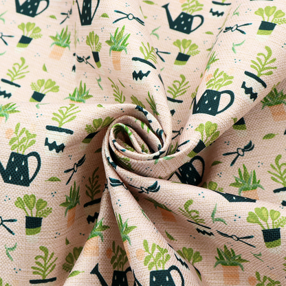Charming botanical pattern featuring potted plants, watering cans, and gardening tools on a soft neutral background.