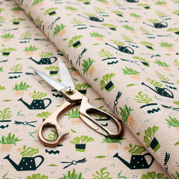 Charming botanical pattern featuring potted plants, watering cans, and gardening tools on a soft neutral background.