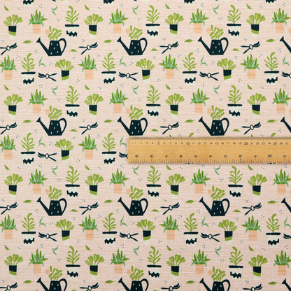 Charming botanical pattern featuring potted plants, watering cans, and gardening tools on a soft neutral background.