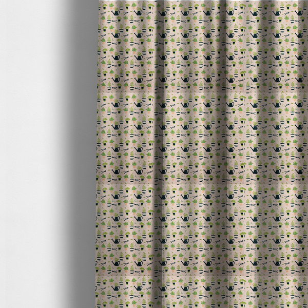 The fabric used to create these made-to-measure curtains is a charming botanical pattern featuring potted plants, watering cans, and gardening tools on a soft neutral background.