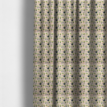 The fabric used to create these made-to-measure curtains is a charming botanical pattern featuring potted plants, watering cans, and gardening tools on a soft neutral background.