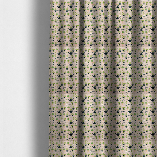 The fabric used to create these made-to-measure curtains is a charming botanical pattern featuring potted plants, watering cans, and gardening tools on a soft neutral background.