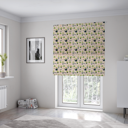 the fabric used to create these Roman blinds is a charming botanical pattern featuring potted plants, watering cans, and gardening tools on a soft neutral background.