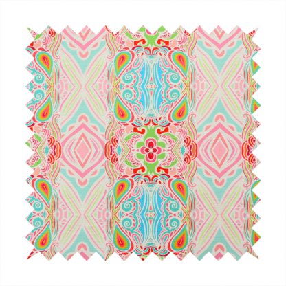 Vibrant, repeating pattern featuring abstract botanical shapes, paisley motifs, and floral elements in bright shades of pink, turquoise blue, lime green, and orange.