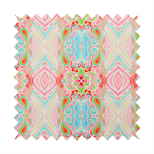 Vibrant, repeating pattern featuring abstract botanical shapes, paisley motifs, and floral elements in bright shades of pink, turquoise blue, lime green, and orange.