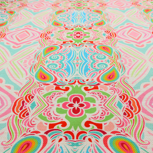 Vibrant, repeating pattern featuring abstract botanical shapes, paisley motifs, and floral elements in bright shades of pink, turquoise blue, lime green, and orange.