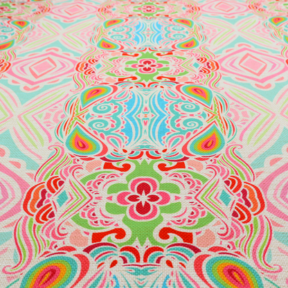 Vibrant, repeating pattern featuring abstract botanical shapes, paisley motifs, and floral elements in bright shades of pink, turquoise blue, lime green, and orange.