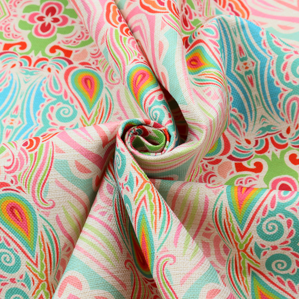 Vibrant, repeating pattern featuring abstract botanical shapes, paisley motifs, and floral elements in bright shades of pink, turquoise blue, lime green, and orange.