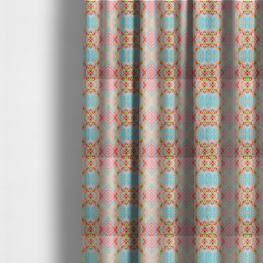 The fabric used to create these made-to-measure curtains is a vibrant, repeating pattern featuring abstract botanical shapes, paisley motifs, and floral elements in bright shades of pink, turquoise blue, lime green, and orange.