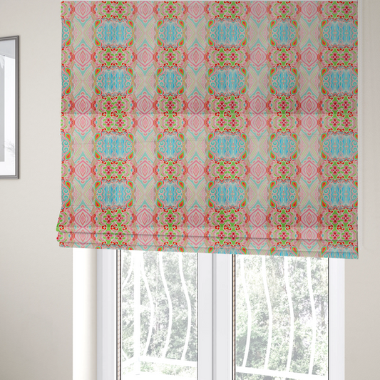 The fabric used to create these Roman blinds is a vibrant, repeating pattern featuring abstract botanical shapes, paisley motifs, and floral elements in bright shades of pink, turquoise blue, lime green, and orange.