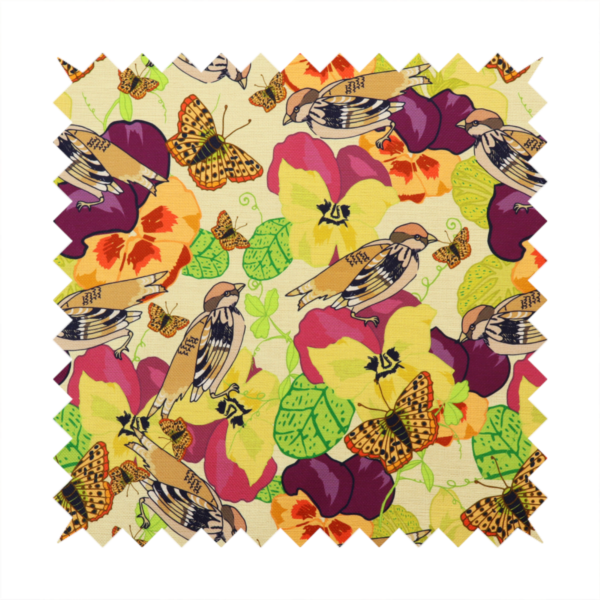 Detailed repeating pattern featuring sparrows, butterflies, and large pansy flowers in shades of yellow, purple, orange, and red against a cream background.