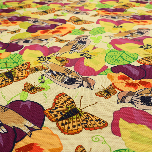 Detailed repeating pattern featuring sparrows, butterflies, and large pansy flowers in shades of yellow, purple, orange, and red against a cream background.