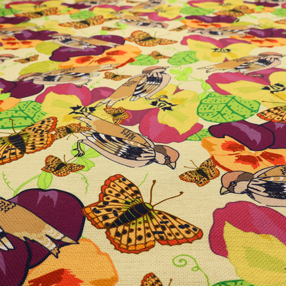 Detailed repeating pattern featuring sparrows, butterflies, and large pansy flowers in shades of yellow, purple, orange, and red against a cream background.