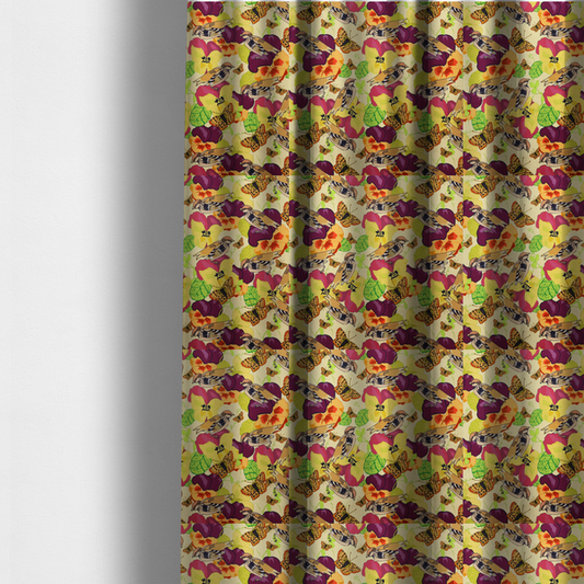 The fabric used to create these made-to-measure curtains is a detailed repeating pattern featuring sparrows, butterflies, and large pansy flowers in shades of yellow, purple, orange, and red against a cream background.