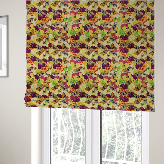 The fabric used to create these Roman blinds is a detailed repeating pattern featuring sparrows, butterflies, and large pansy flowers in shades of yellow, purple, orange, and red against a cream background.