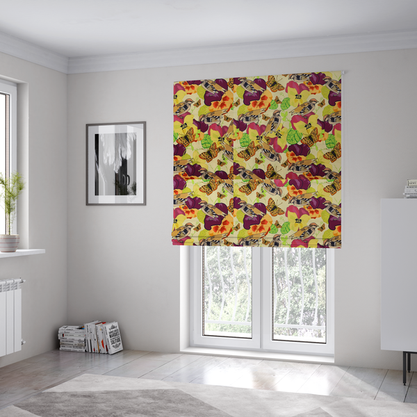 The fabric used to create these Roman blinds is a detailed repeating pattern featuring sparrows, butterflies, and large pansy flowers in shades of yellow, purple, orange, and red against a cream background.
