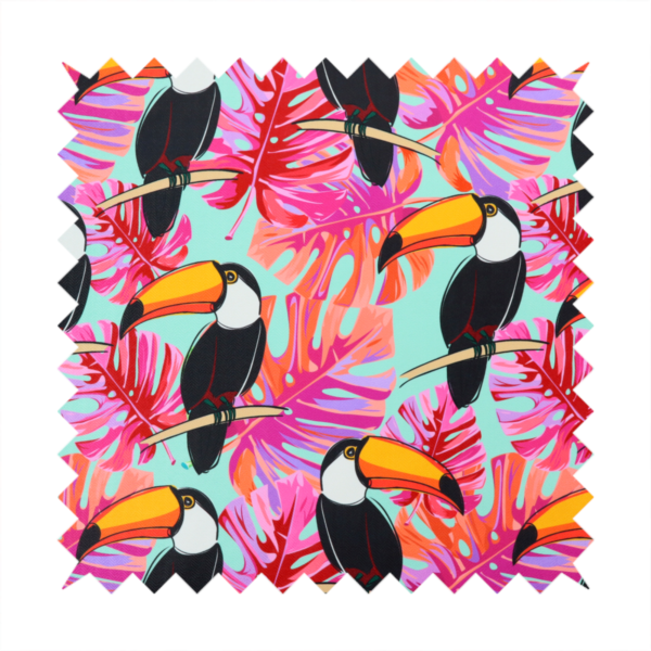 This fabric features vibrant, tropical-themed repeating pattern showcasing toucans and exotic foliage.