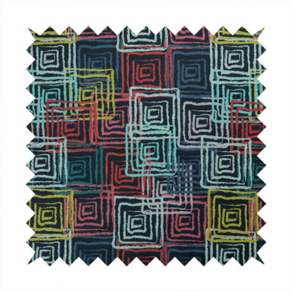 Abstract geometric pattern featuring overlapping nested squares in vibrant shades of red, teal, yellow, and grey on a dark background.