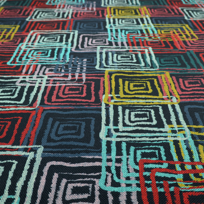 Abstract geometric pattern featuring overlapping nested squares in vibrant shades of red, teal, yellow, and grey on a dark background.