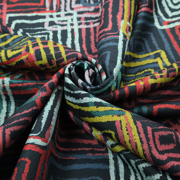Abstract geometric pattern featuring overlapping nested squares in vibrant shades of red, teal, yellow, and grey on a dark background.