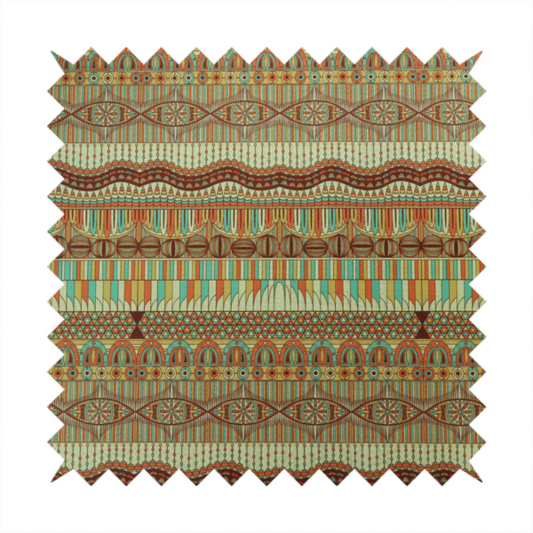 This fabric features intricate, vibrant geometric pattern with horizontal bands in teal, orange, brown, and yellow.