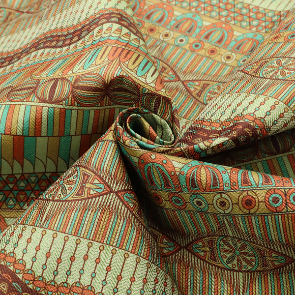 This fabric features intricate, vibrant geometric pattern with horizontal bands in teal, orange, brown, and yellow.