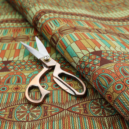 This fabric features intricate, vibrant geometric pattern with horizontal bands in teal, orange, brown, and yellow.