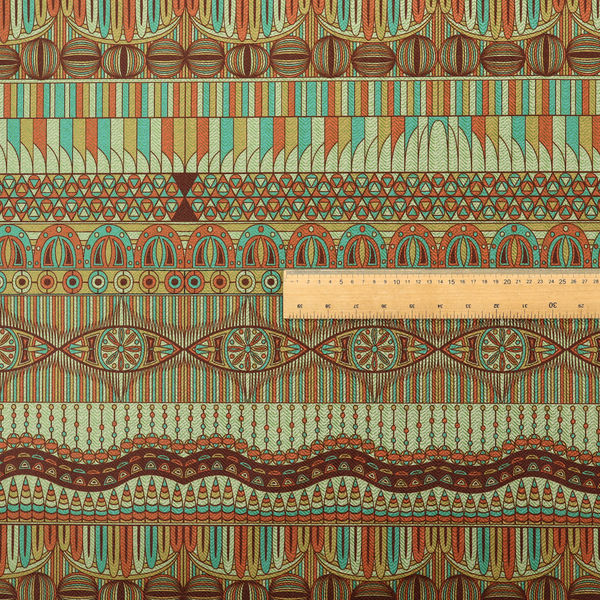 This fabric features intricate, vibrant geometric pattern with horizontal bands in teal, orange, brown, and yellow.