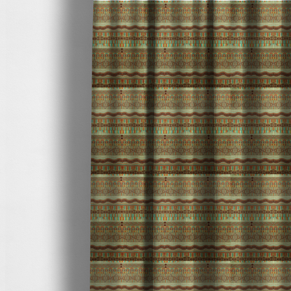 The fabric used to create these made-to-measure curtains features intricate, vibrant geometric pattern with horizontal bands in teal, orange, brown, and yellow.