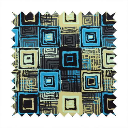 Abstract geometric pattern featuring nested squares in shades of bright blue, pale yellow, dark grey, and black.