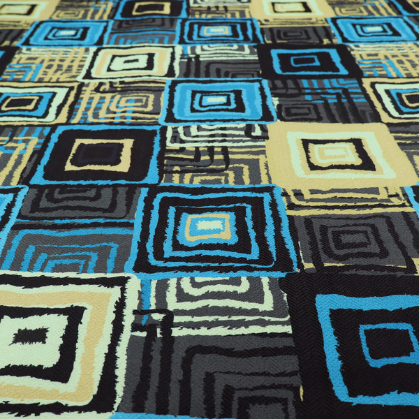 Abstract geometric pattern featuring nested squares in shades of bright blue, pale yellow, dark grey, and black.