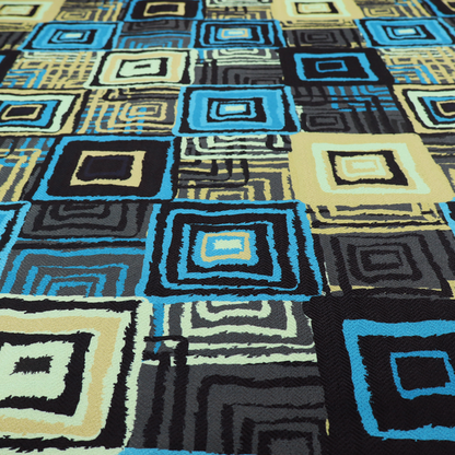 Abstract geometric pattern featuring nested squares in shades of bright blue, pale yellow, dark grey, and black.